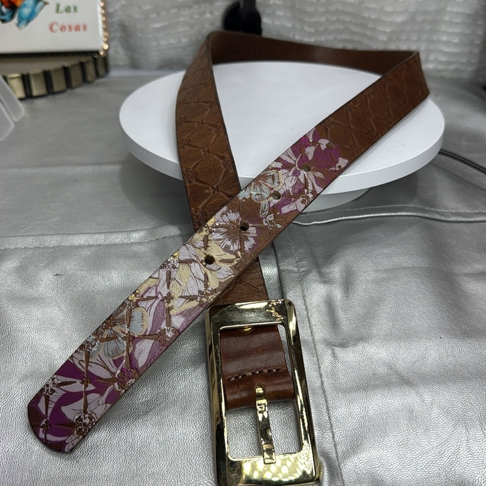 (H) Velez women's belt,Sz L, brownBohemian belt with floral print on the leather